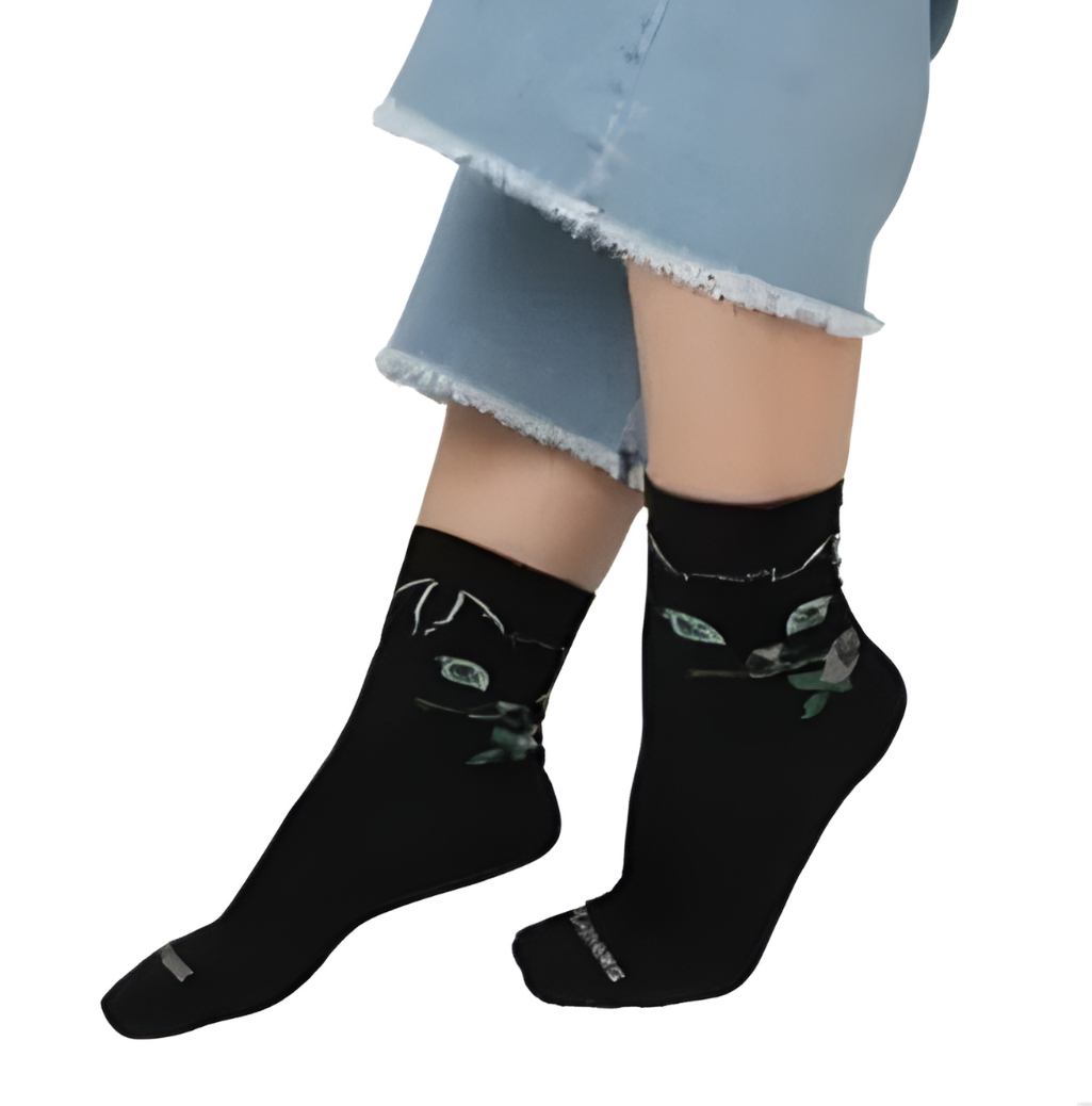 3Feathers Cat Design Cotton High Ankle Socks Free Size Fits 36-41 for Women - Black