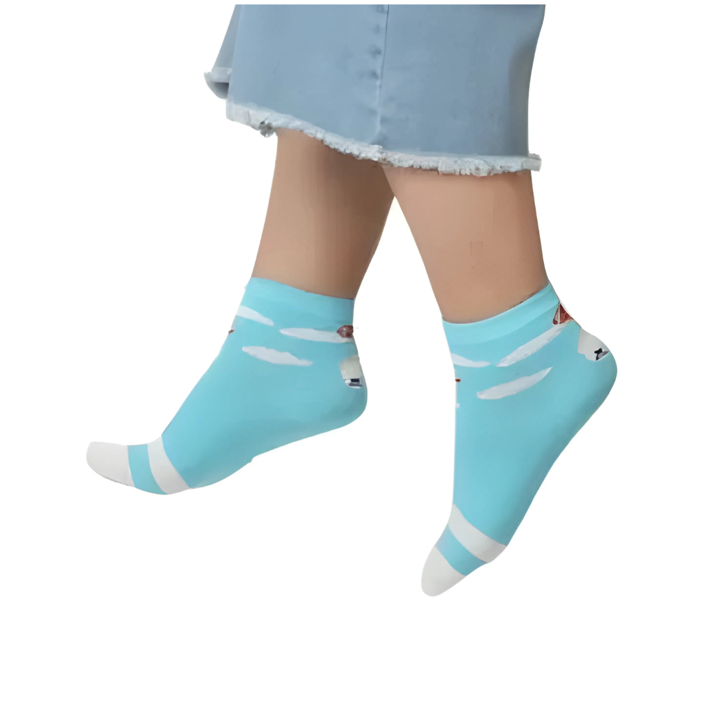 3 Feathers Flying Puppy Design Cotton High Ankle Socks Free Size Fits 36-41 for Women - Blue
