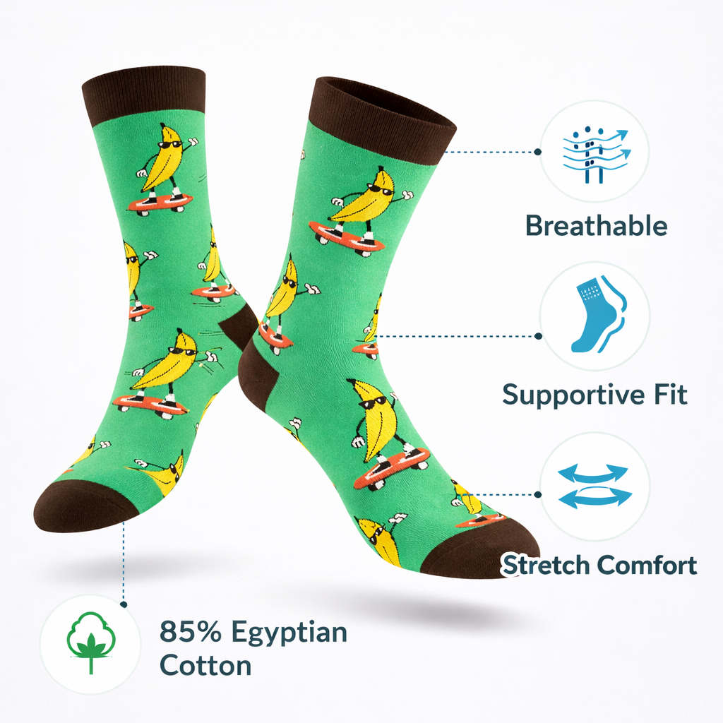 3 Feathers Go Bananas Design Cotton Long Socks Free Size Fits 38-44 for Unisex - Green