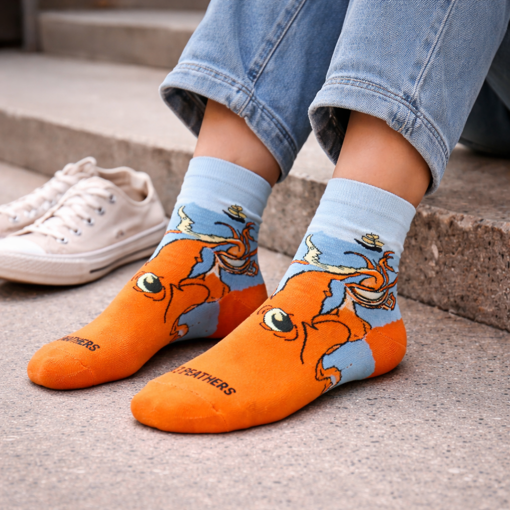 3 Feathers Kraken Design Cotton High Ankle Socks Free Size Fits 36-41 for Women - Orange