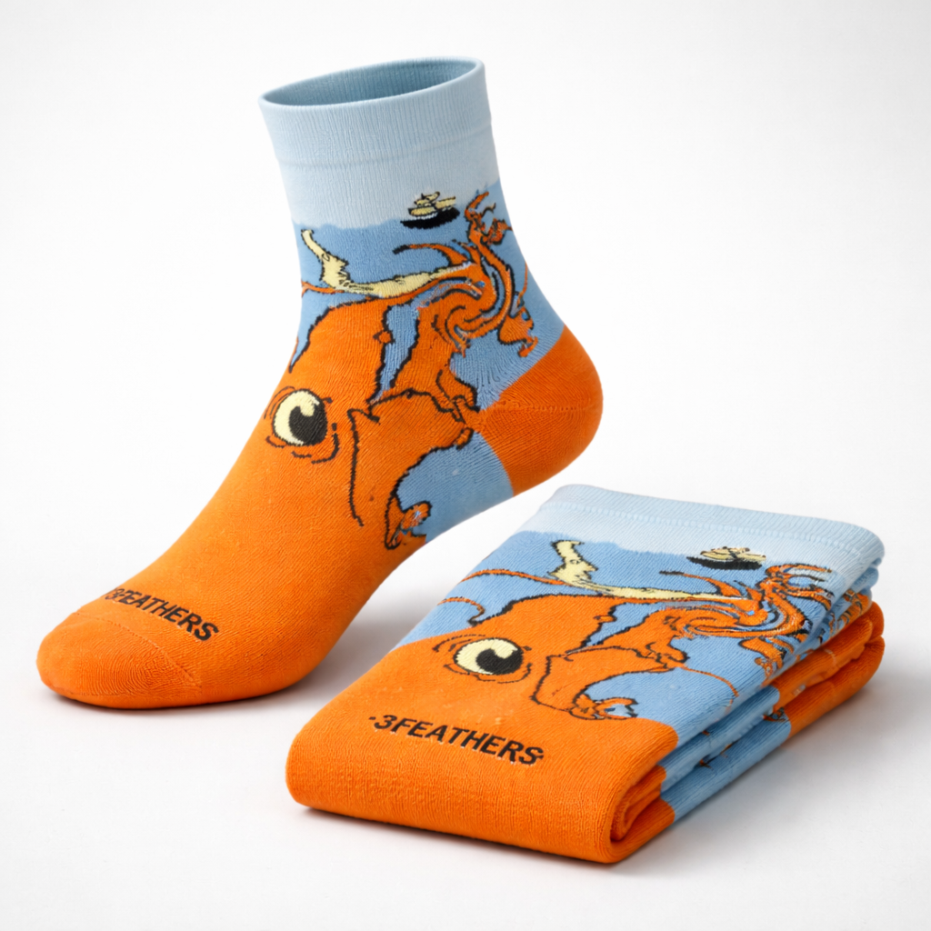 3 Feathers Kraken Design Cotton High Ankle Socks Free Size Fits 36-41 for Women - Orange