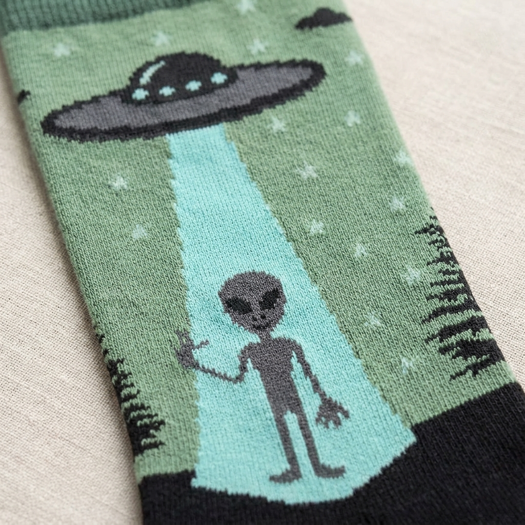 3 Feathers Aliens Design Cotton Long Socks Free Size Fits 38-44 for Unisex - Green