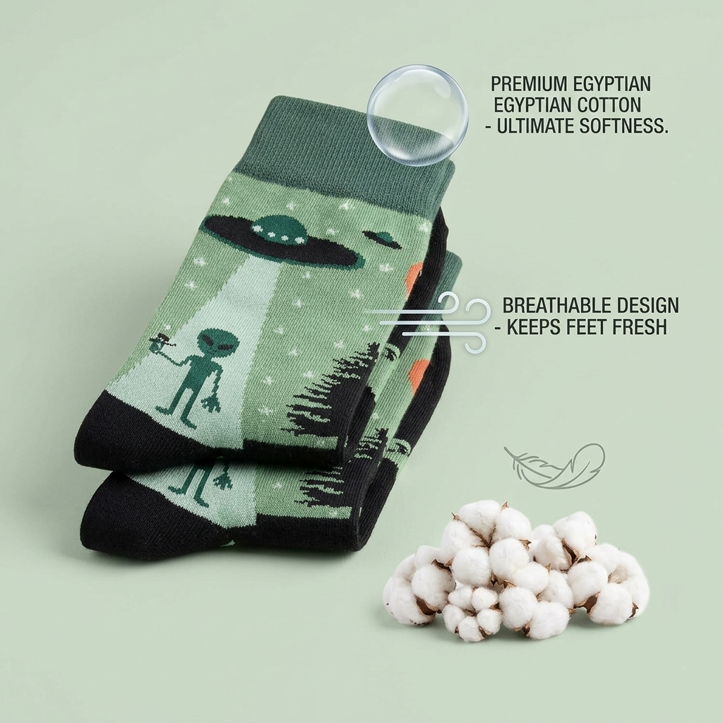 3 Feathers Aliens Design Cotton Long Socks Free Size Fits 38-44 for Unisex - Green