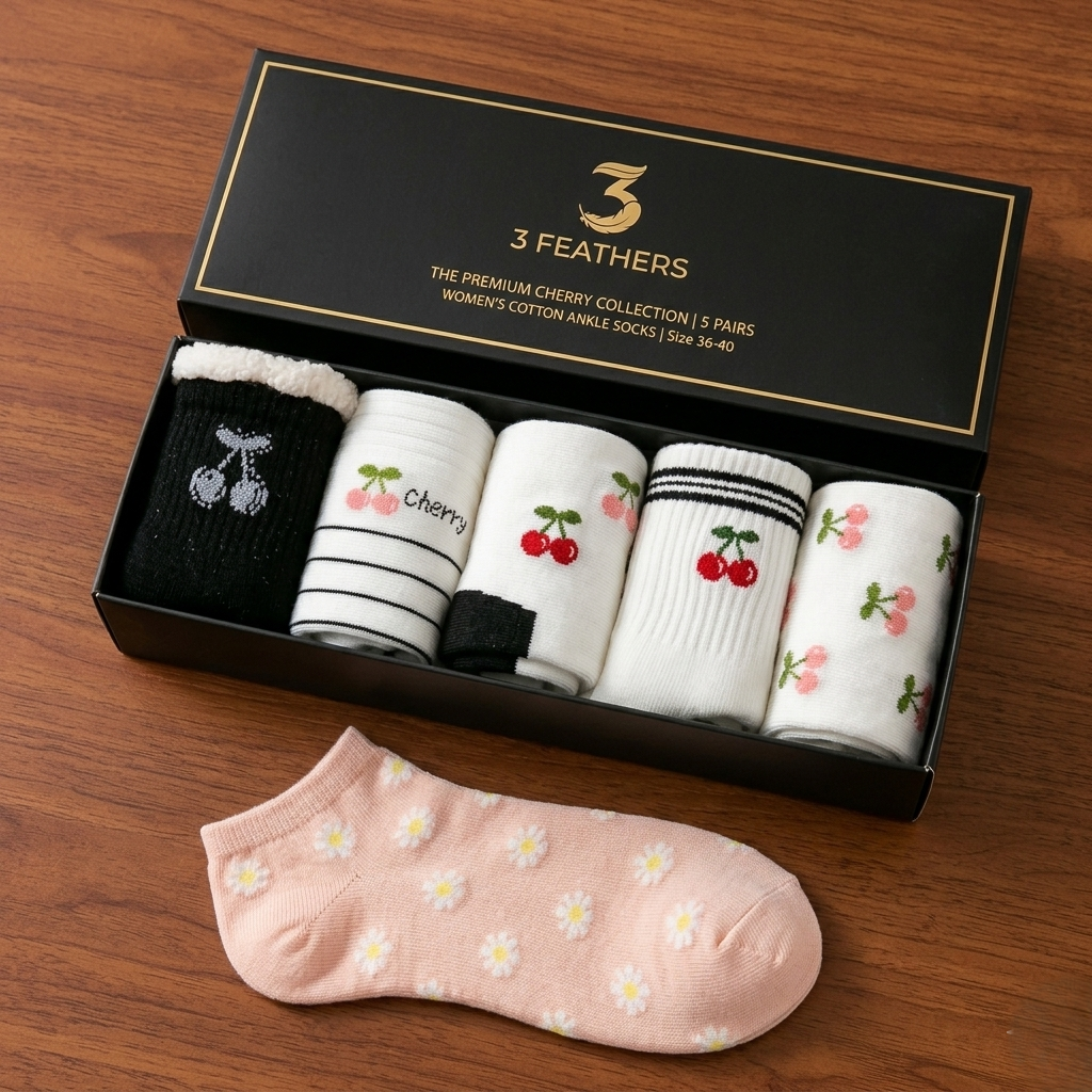 Cherry Collection – 5-Pack Women’s Ankle Cotton Socks – Size 36-41