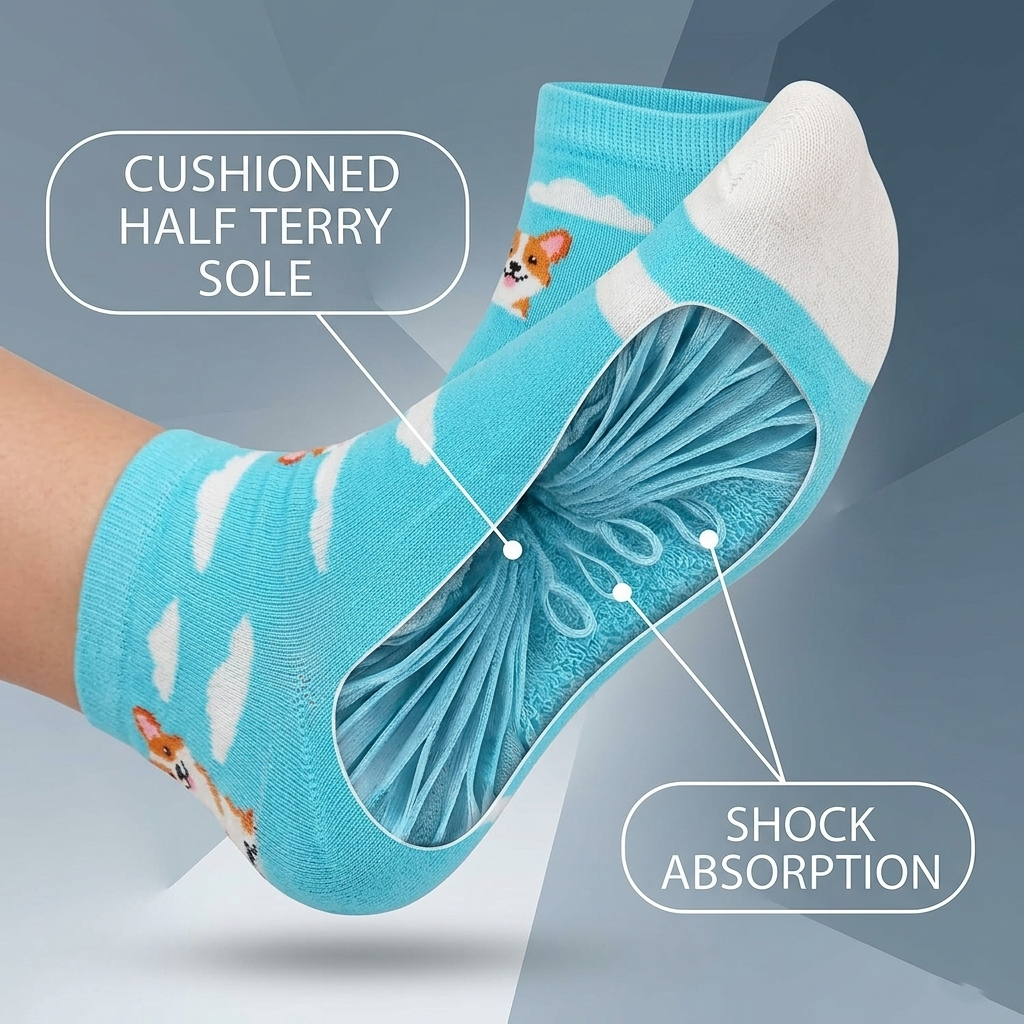3 Feathers Flying Puppy Design Cotton High Ankle Socks Free Size Fits 36-41 for Women - Blue