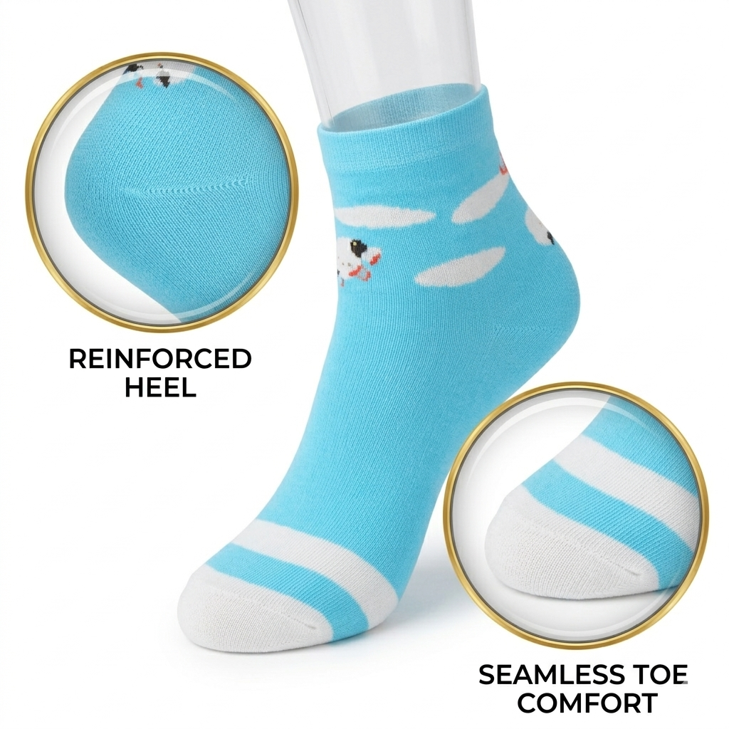 3 Feathers Flying Puppy Design Cotton High Ankle Socks Free Size Fits 36-41 for Women - Blue