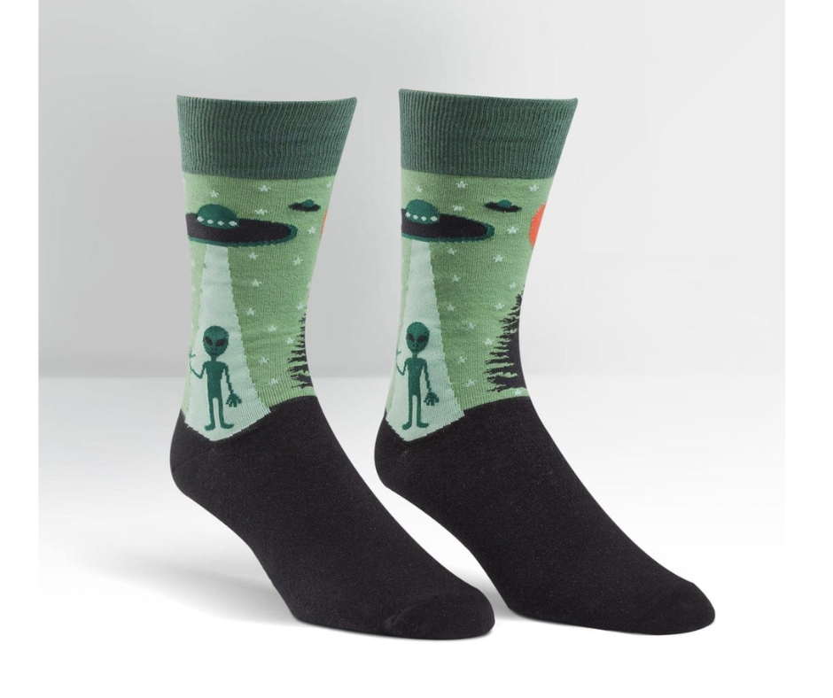 3 Feathers Aliens Design Cotton Long Socks Free Size Fits 38-44 for Unisex - Green