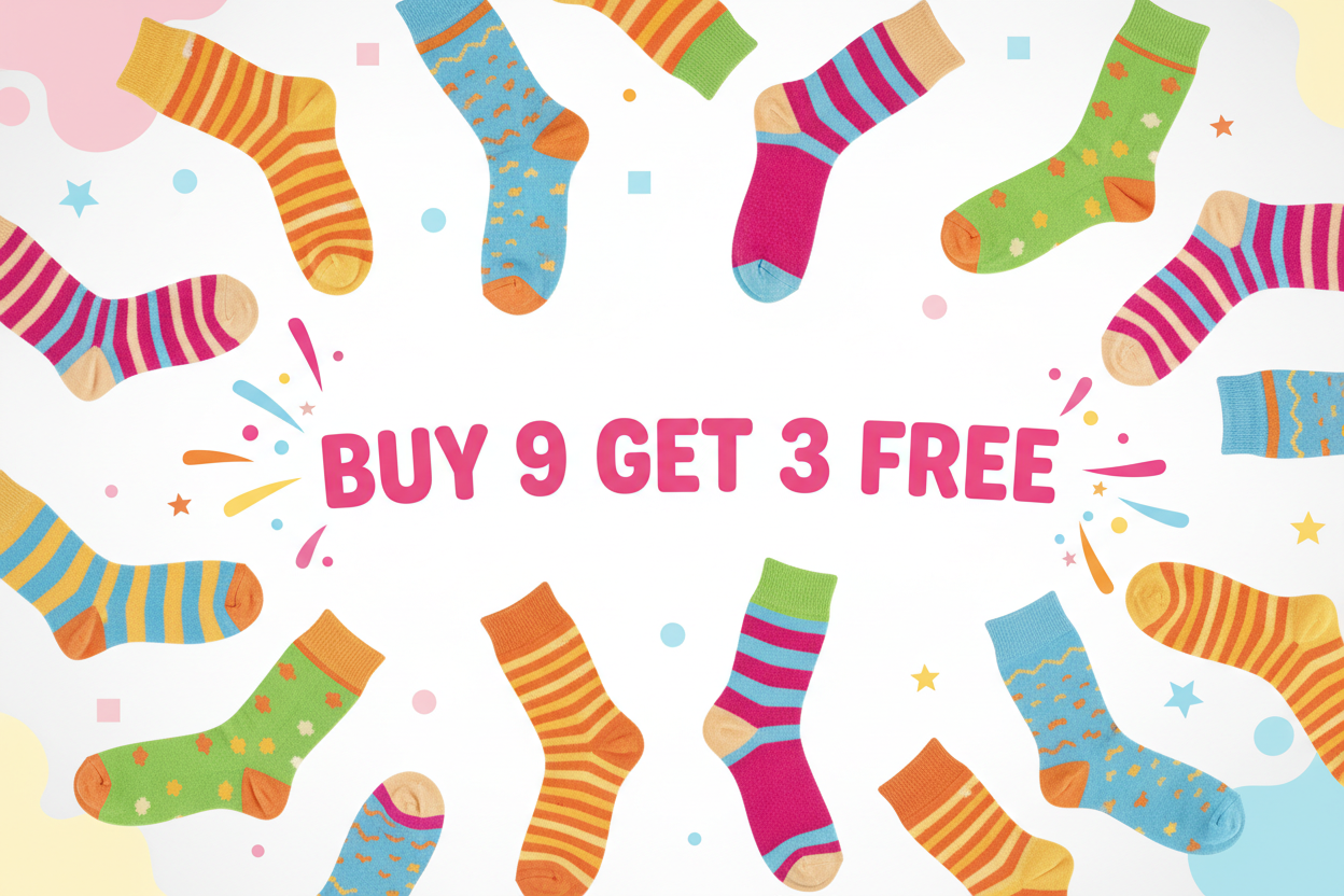 Playful design for Buy 9 Get 3 Free with mockup socks
